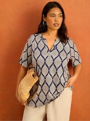 Live Unlimited Blue Petite Print Nehru Collar Short Sleeve Jersey Top - Image 1 of 1