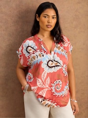 Live Unlimited Pink Petite Paisley Print Short Sleeve Top - Image 2 of 6