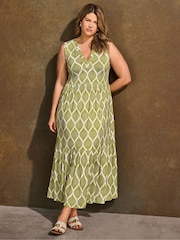 Live Unlimited Green Print Nehru Collar Tiered Maxi Dress - Image 1 of 5