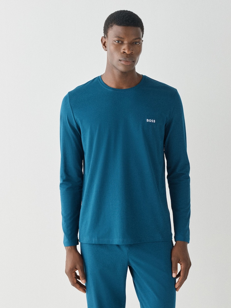 BOSS Blue Long Sleeve Logo T-Shirt - Image 1 of 3 BOSS Blue Long Sleeve Logo T-Shirt - Image 1 of 3