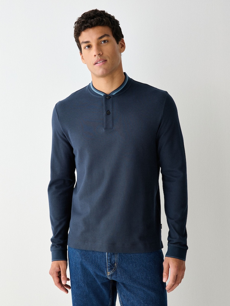 BOSS Blue Plyer Henley Long Sleeve T-Shirt - Image 1 of 5 BOSS Blue Plyer Henley Long Sleeve T-Shirt - Image 1 of 5