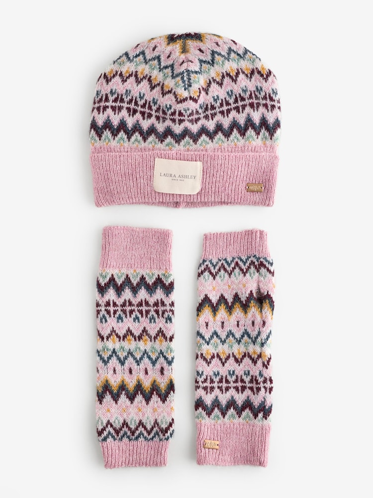 Laura Ashley Pink Fairisle Knitted Beanie and Handwarmer Set - Image 1 of 3 Laura Ashley Pink Fairisle Knitted Beanie and Handwarmer Set - Image 1 of 3