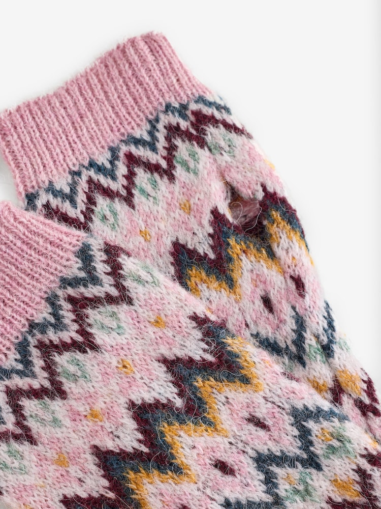Laura Ashley Pink Fairisle Knitted Beanie and Handwarmer Set - Image 3 of 3 Laura Ashley Pink Fairisle Knitted Beanie and Handwarmer Set - Image 3 of 3
