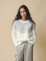 Laura Ashley Cream/Grey Fairisle Crew Neck Knit Jumper Containing Wool - Image 1 of 8