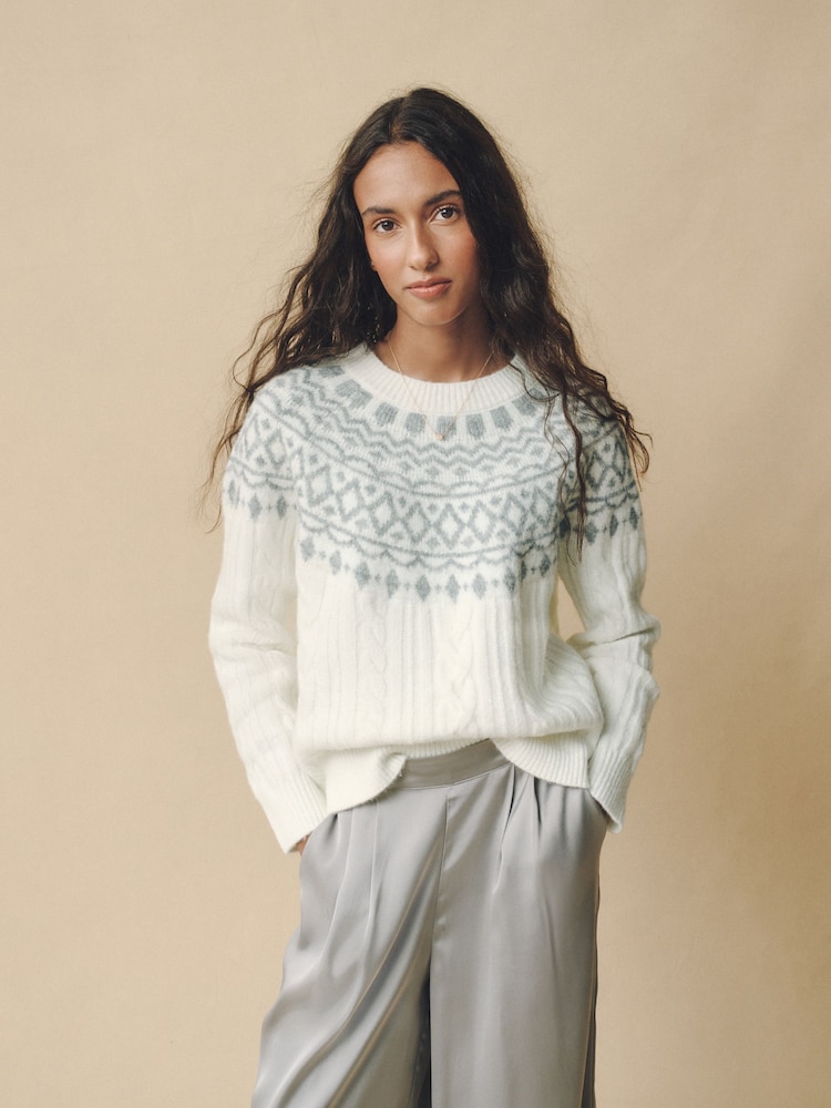 Laura Ashley Cream/Grey Fairisle Crew Neck Knit Jumper Containing Wool - Image 1 of 8