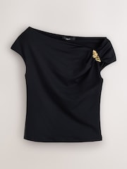 Black Slinky Soft Touch Asymmetric Hardware Short Sleeve Top - Image 5 of 7
