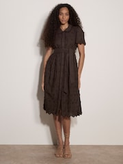 Apricot Brown Cotton Floral Embroidered Midi Dress - Image 1 of 4