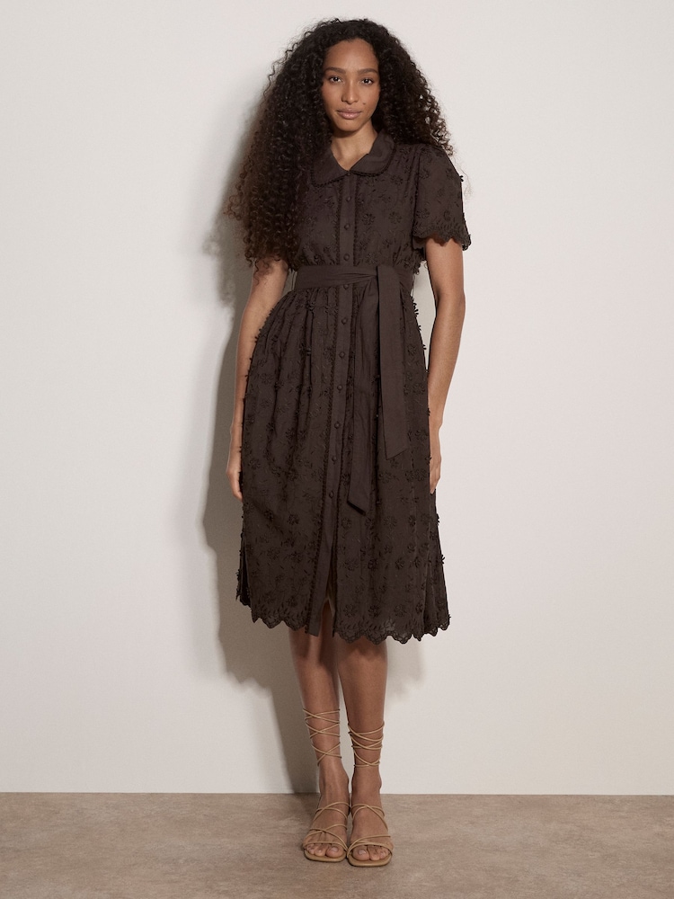 Apricot Brown Cotton Floral Embroidered Midi Dress - Image 1 of 4 Apricot Brown Cotton Floral Embroidered Midi Dress - Image 1 of 4
