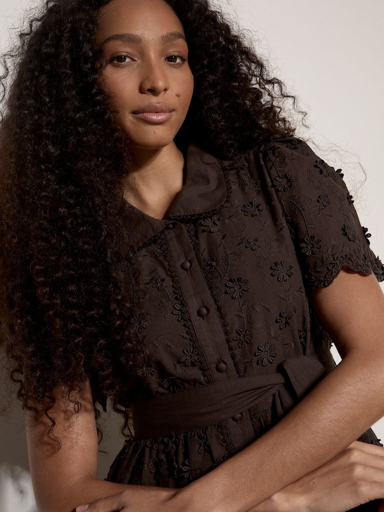Apricot Brown Cotton Floral Embroidered Midi Dress - Image 2 of 4 Apricot Brown Cotton Floral Embroidered Midi Dress - Image 2 of 4