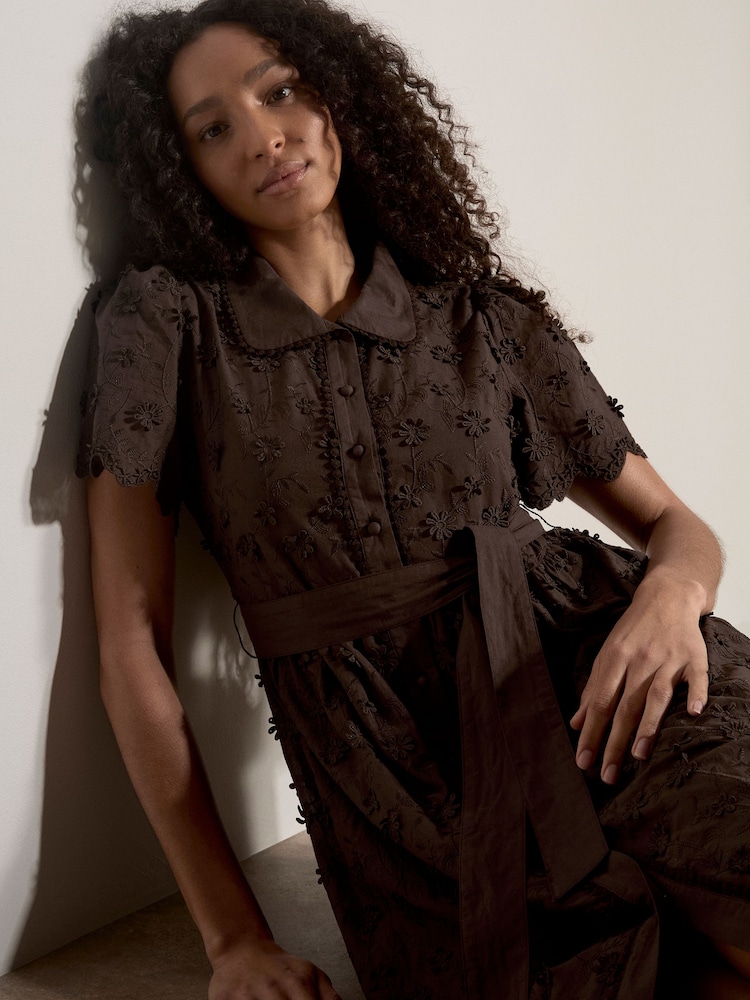Apricot Brown Cotton Floral Embroidered Midi Dress - Image 4 of 4 Apricot Brown Cotton Floral Embroidered Midi Dress - Image 4 of 4