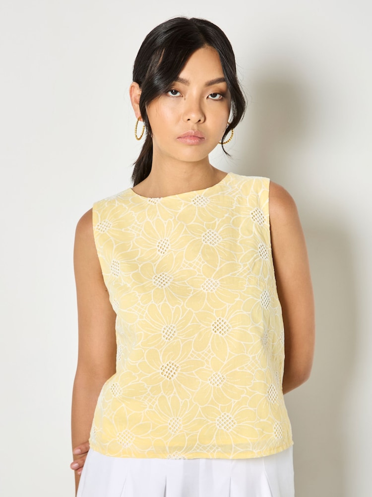 Apricot Yellow Floral Lace Embroidered Shell Top - Image 1 of 4 Apricot Yellow Floral Lace Embroidered Shell Top - Image 1 of 4