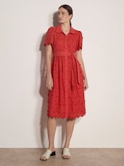 Apricot Red Cotton Floral Embroidered Midi Dress - Image 1 of 4