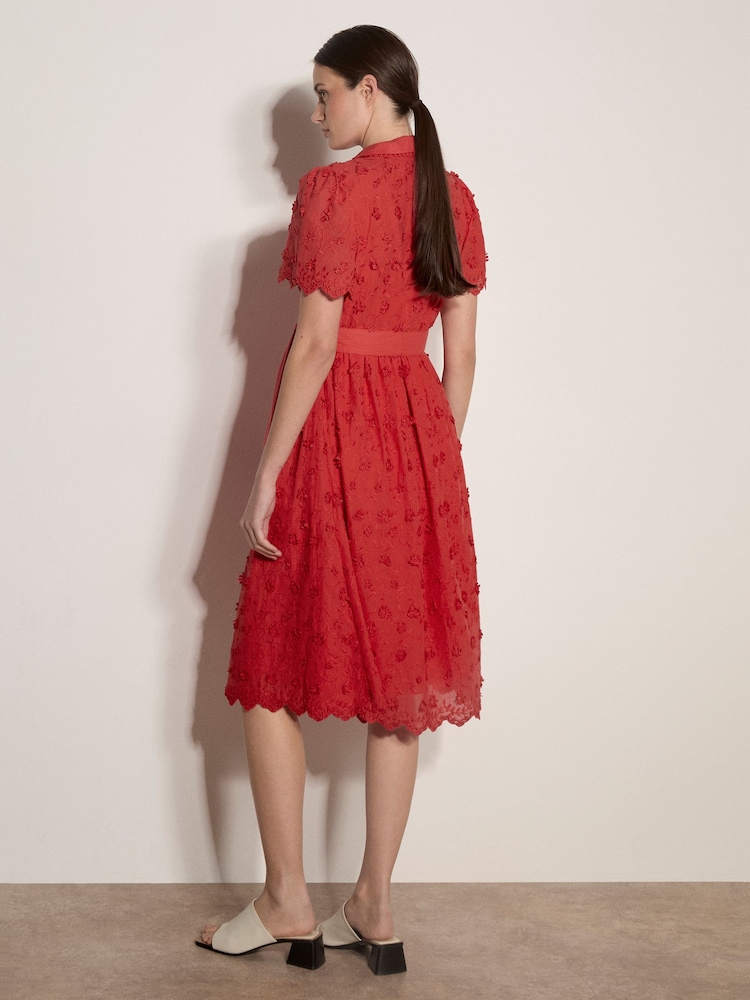 Apricot Red Cotton Floral Embroidered Midi Dress - Image 2 of 4 Apricot Red Cotton Floral Embroidered Midi Dress - Image 2 of 4