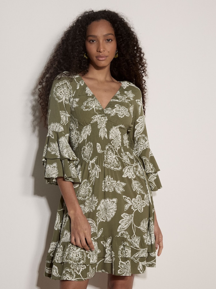 Apricot Green Sarasa Floral Ruffle Mini Dress - Image 1 of 4