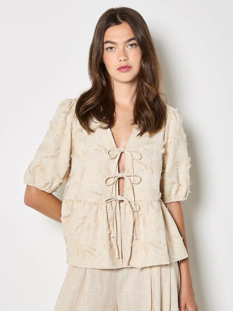 Apricot Natural Eyelash Embroidery Linen Blend Blouse - Image 1 of 4