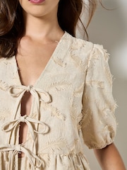 Apricot Natural Eyelash Embroidery Linen Blend Blouse - Image 2 of 4