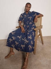 Apricot Blue Embroidered Palms Cotton Midi Dress - Image 1 of 4