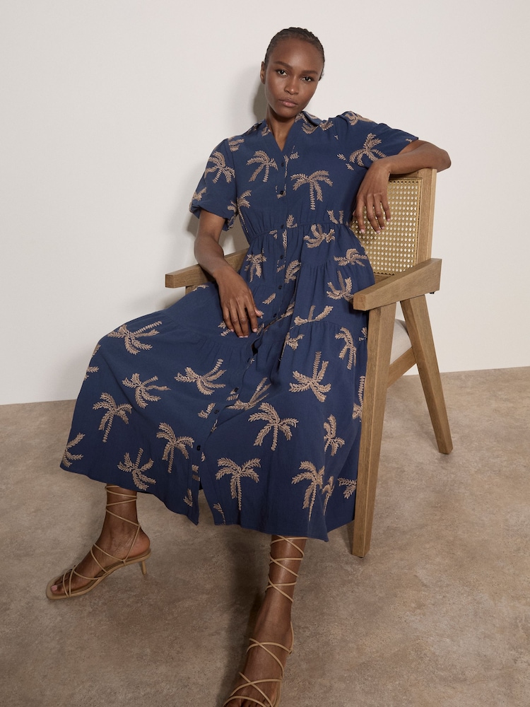 Apricot Blue Embroidered Palms Cotton Midi Dress - Image 1 of 4 Apricot Blue Embroidered Palms Cotton Midi Dress - Image 1 of 4