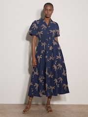 Apricot Blue Embroidered Palms Cotton Midi Dress - Image 2 of 4