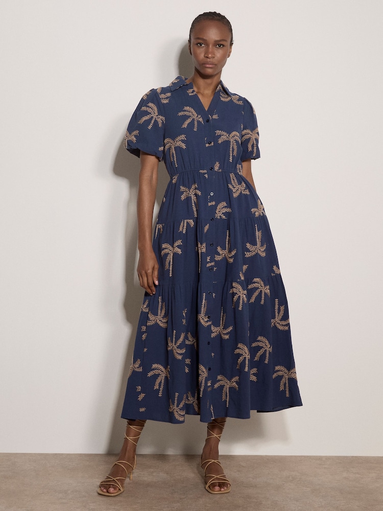 Apricot Blue Embroidered Palms Cotton Midi Dress - Image 2 of 4 Apricot Blue Embroidered Palms Cotton Midi Dress - Image 2 of 4