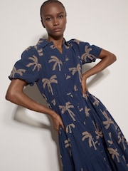 Apricot Blue Embroidered Palms Cotton Midi Dress - Image 3 of 4