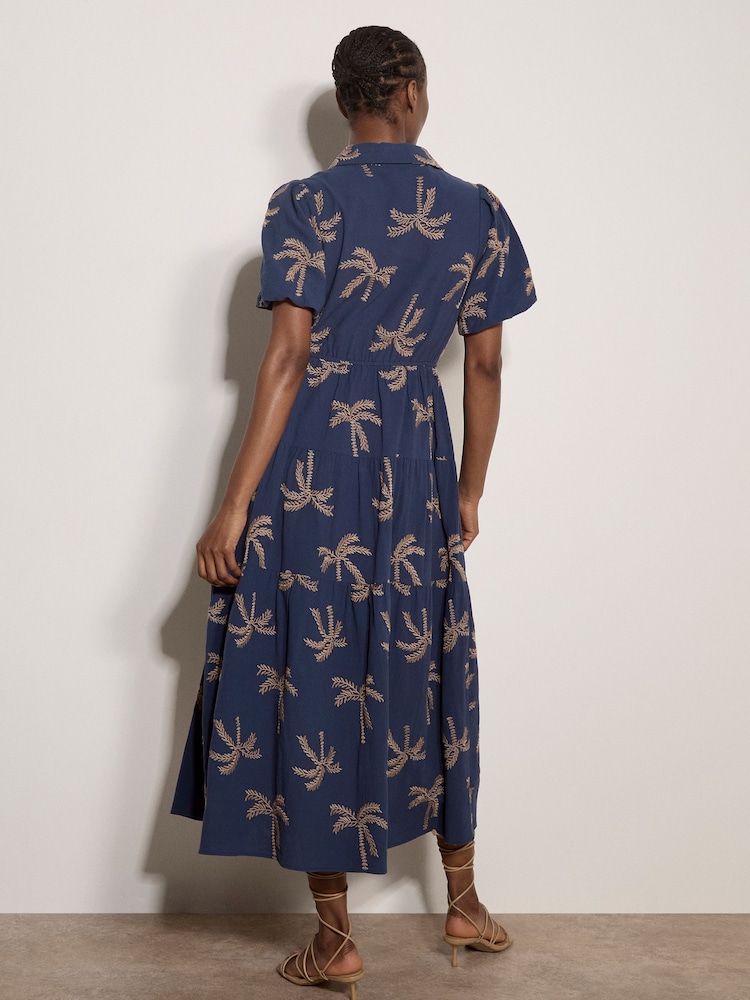 Apricot Blue Embroidered Palms Cotton Midi Dress - Image 4 of 4 Apricot Blue Embroidered Palms Cotton Midi Dress - Image 4 of 4