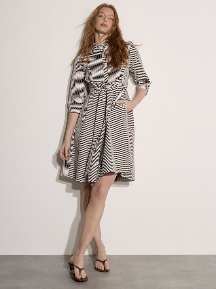 بني - Apricot Cotton Stripe Shirt Mini Dress - Image 1 of 5