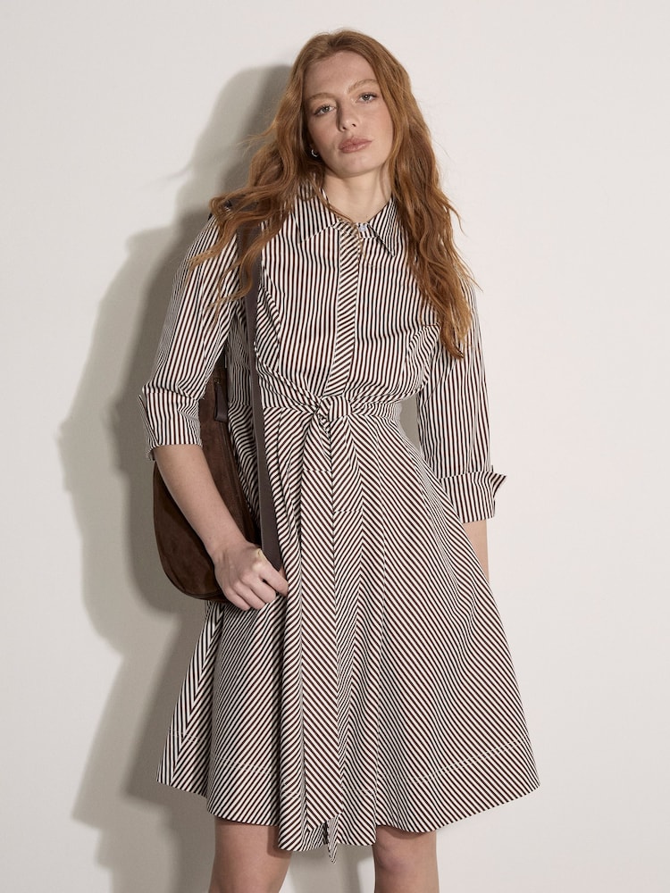 بني - Apricot Cotton Stripe Shirt Mini Dress - Image 2 of 5