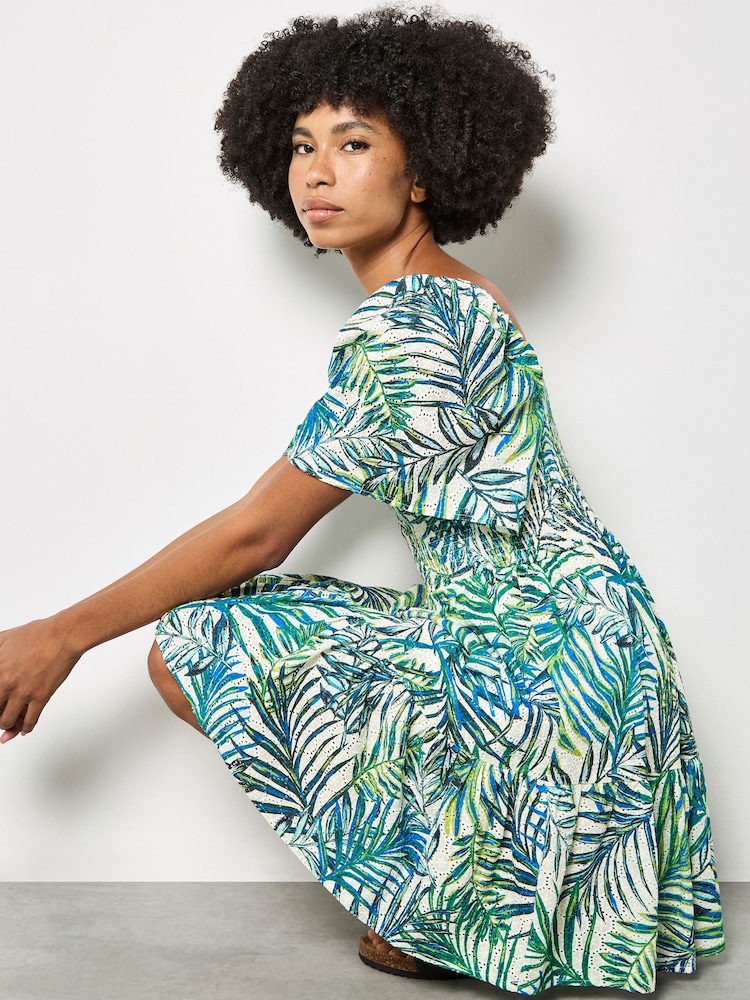 Apricot White Palm Print Smocked Broderie Mini Dress - Image 1 of 5