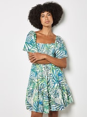 Apricot White Palm Print Smocked Broderie Mini Dress - Image 3 of 5