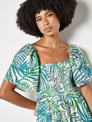 Apricot White Palm Print Smocked Broderie Mini Dress - Image 4 of 5