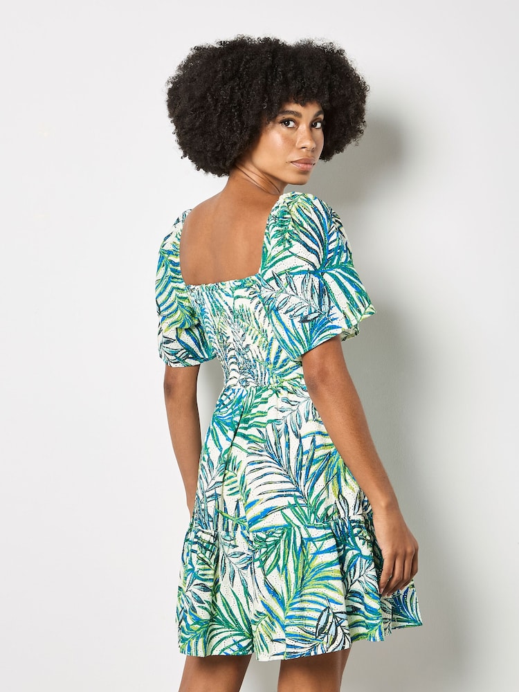 Apricot White Palm Print Smocked Broderie Mini Dress - Image 5 of 5