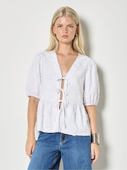 Apricot White Eyelash Embroidery Linen Blend Blouse - Image 3 of 4