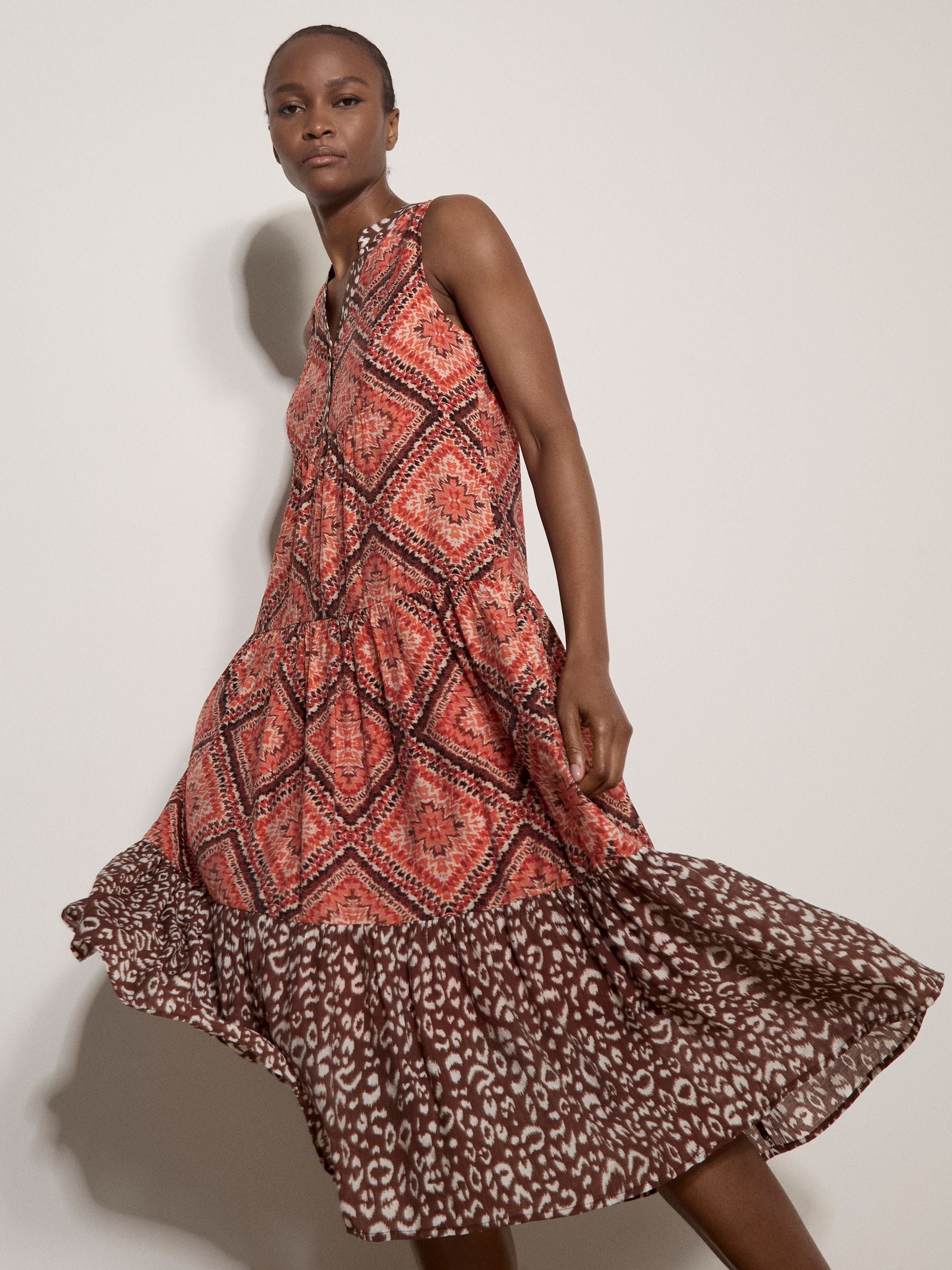 Buy Apricot Orange Geometric Patchwork Tiered Midi Dress from Next