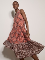 Apricot Orange Geometric Patchwork Tiered Midi Dress - Image 1 of 5