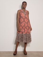 Apricot Orange Geometric Patchwork Tiered Midi Dress - Image 2 of 5