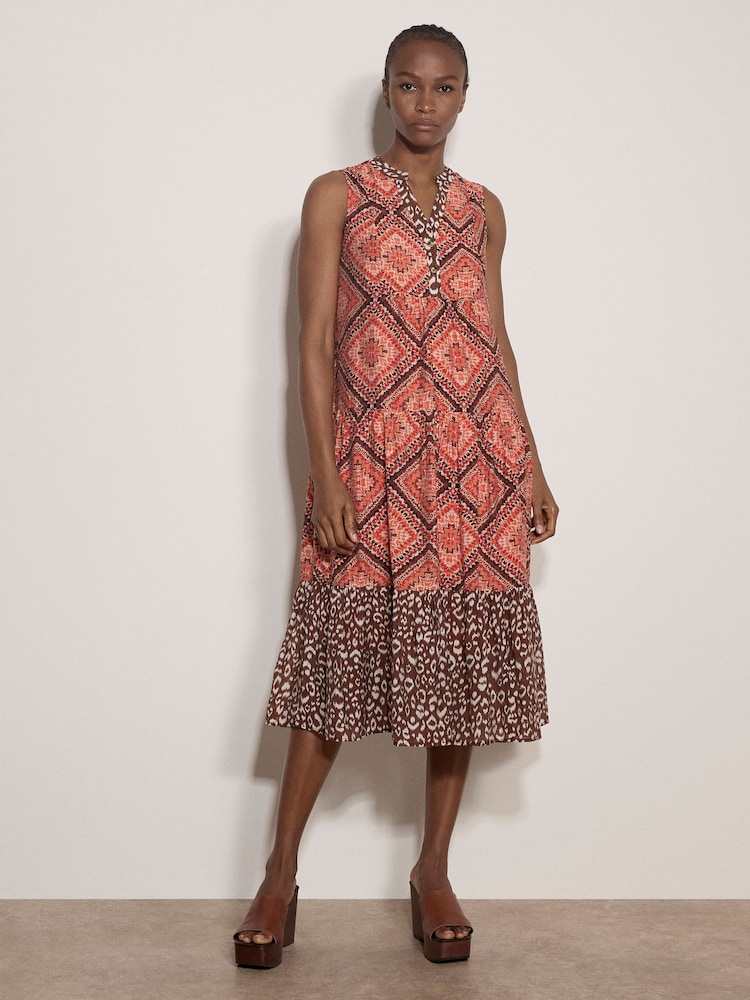 Apricot Orange Geometric Patchwork Tiered Midi Dress - Image 2 of 5