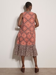 Apricot Orange Geometric Patchwork Tiered Midi Dress - Image 4 of 5
