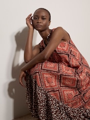 Apricot Orange Geometric Patchwork Tiered Midi Dress - Image 5 of 5