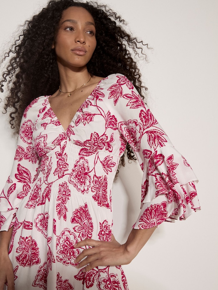 Apricot Pink Sarasa Floral Ruffle Mini Dress - Image 1 of 4