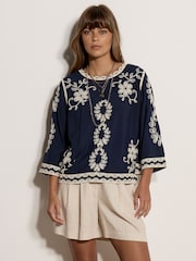 Apricot Blue Embroidered Bell Sleeve Top - Image 1 of 5