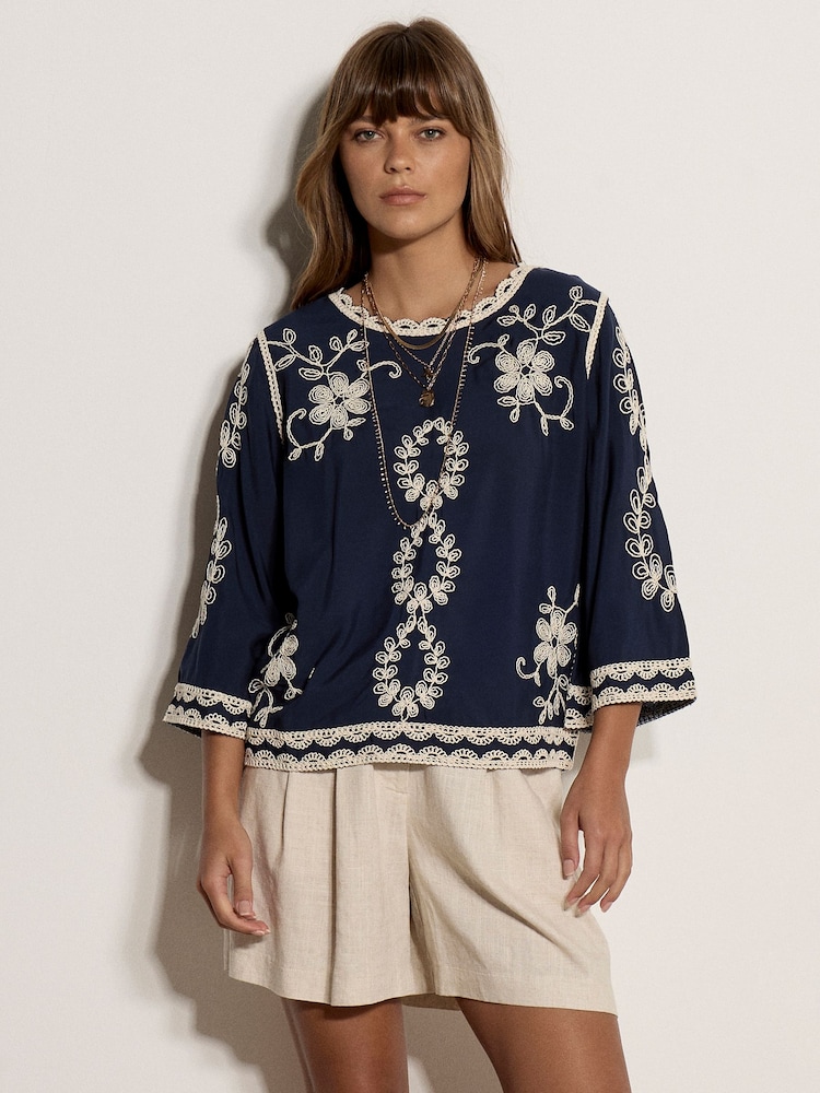 Apricot Blue Embroidered Bell Sleeve Top - Image 1 of 5