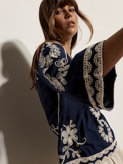 Apricot Blue Embroidered Bell Sleeve Top - Image 3 of 5