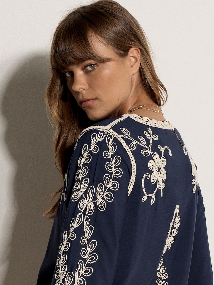 Apricot Blue Embroidered Bell Sleeve Top - Image 5 of 5