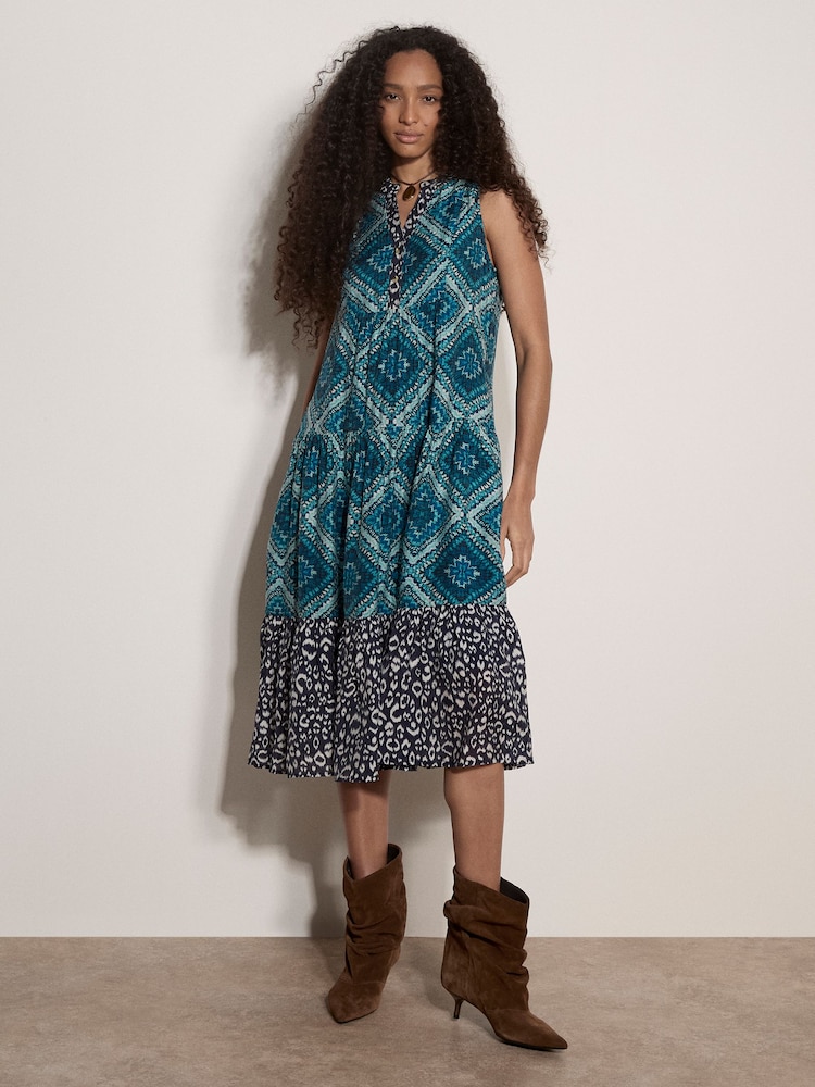 Apricot Blue Geometric Patchwork Tiered Midi Dress - Image 1 of 4