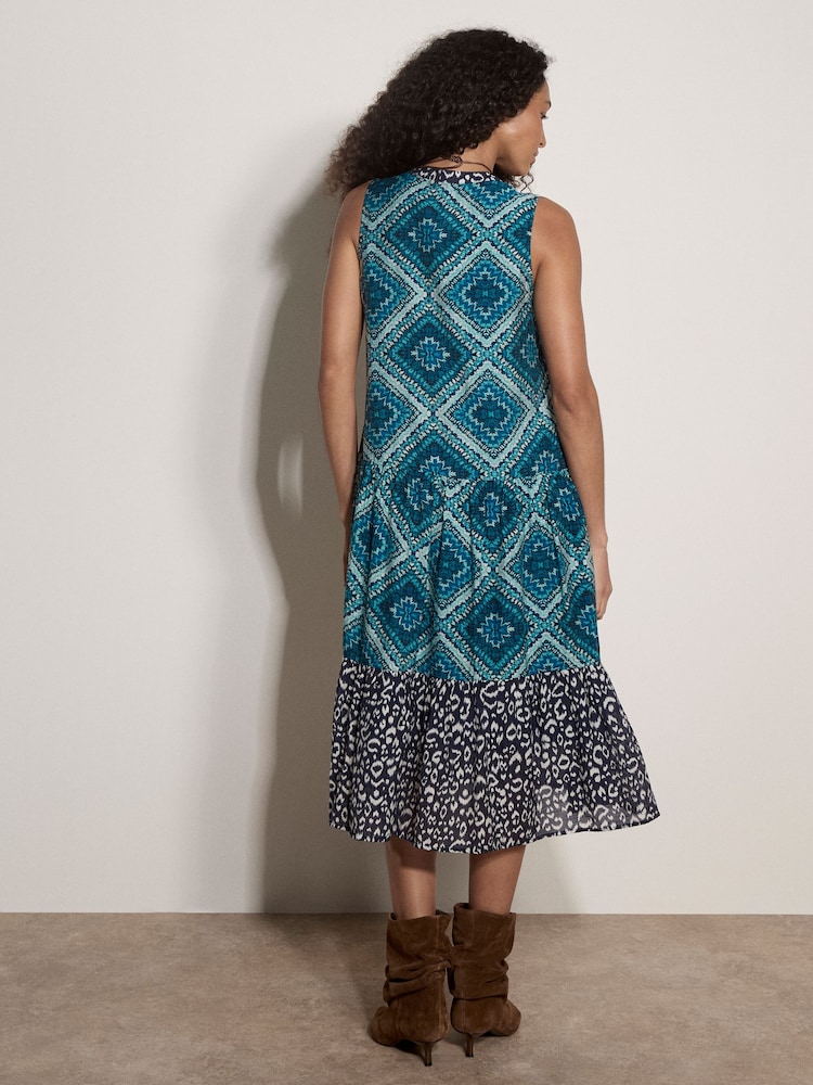 Apricot Blue Geometric Patchwork Tiered Midi Dress - Image 2 of 4