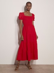 Apricot Red Cotton Tiered Milkmaid Midi Dress - Image 1 of 5