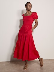 Apricot Red Cotton Tiered Milkmaid Midi Dress - Image 2 of 5