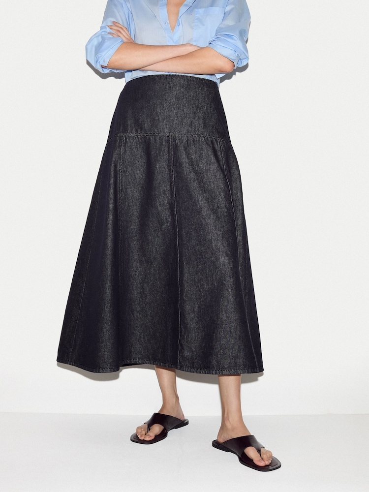 Jigsaw Blue Denim Flared Midi Skirt - Image 1 of 5 Jigsaw Blue Denim Flared Midi Skirt - Image 1 of 5