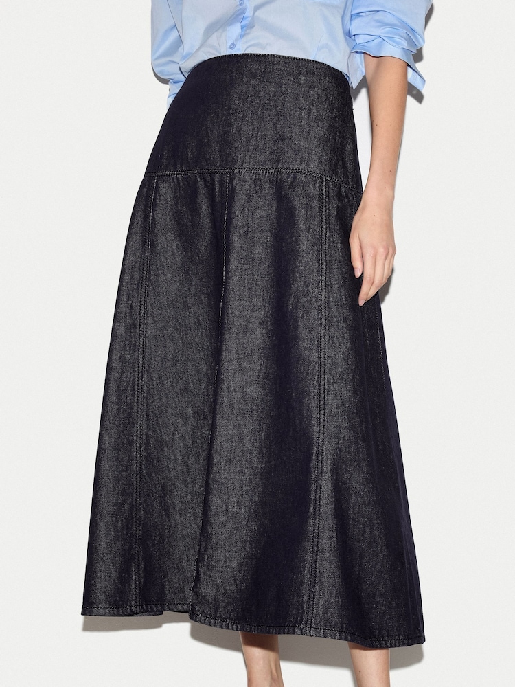 Jigsaw Blue Denim Flared Midi Skirt - Image 2 of 5 Jigsaw Blue Denim Flared Midi Skirt - Image 2 of 5